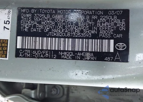 2007 Toyota Prius from USA, damaged, VIN JTDKB20U873253593
